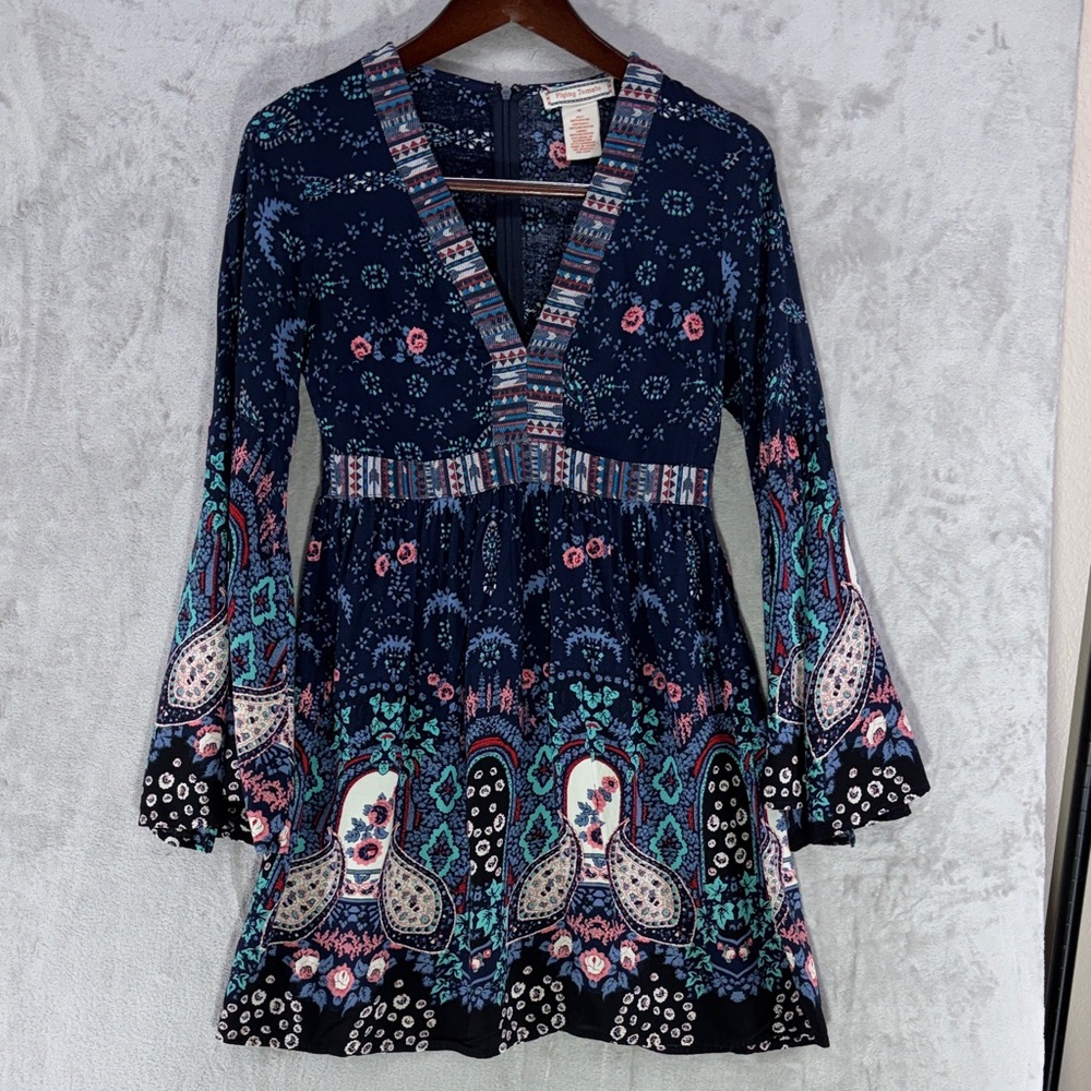 Flying Tomato Floral & Paisley Navy and Pink Long Bell Sleeve Dress Size M